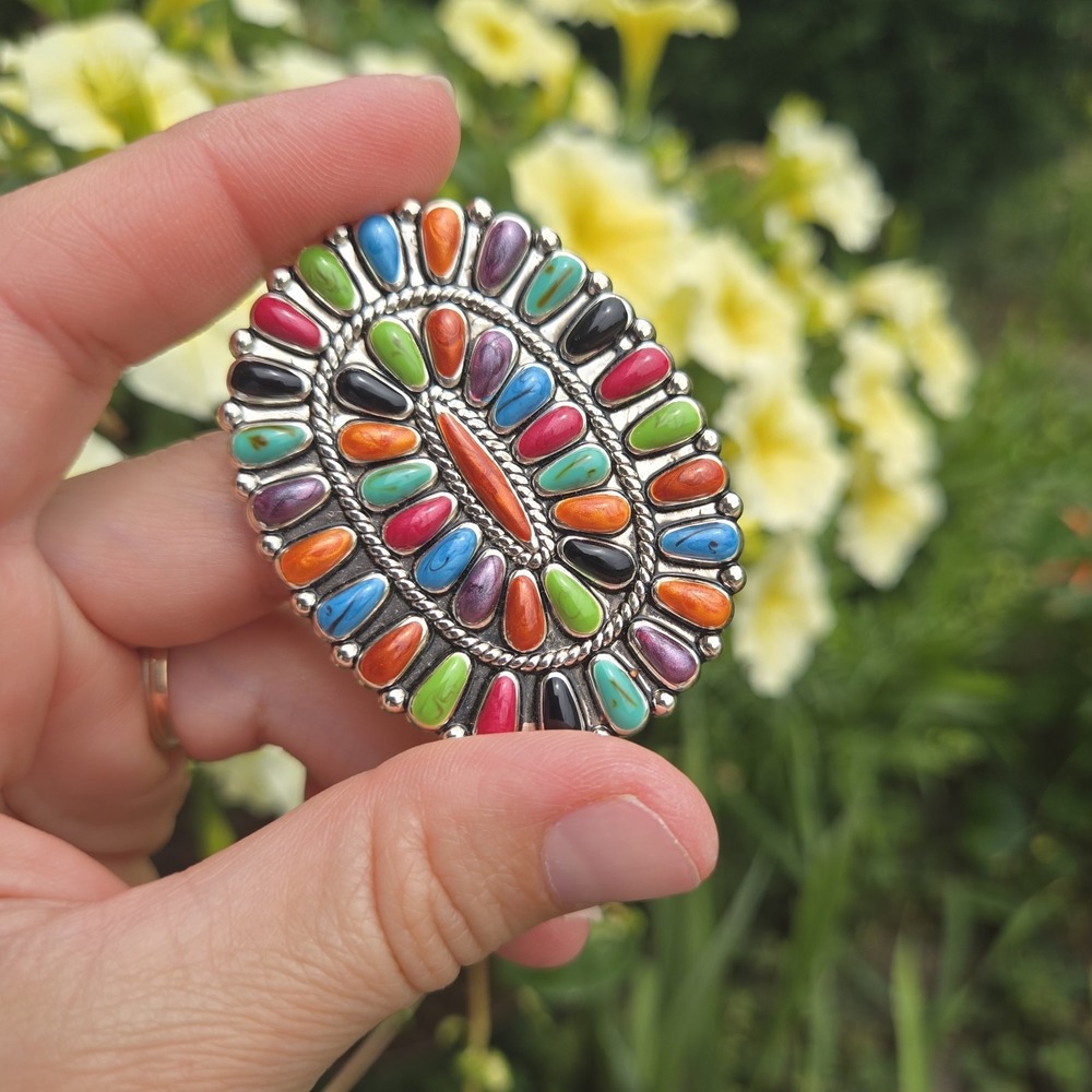 Vintage Signed BEST Silver Color Oval Multicolor Pin Brooch